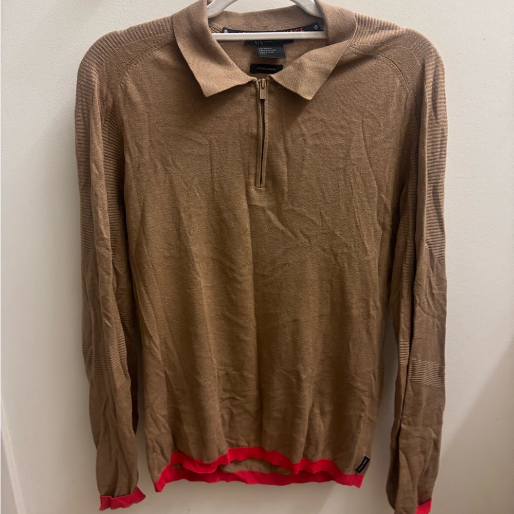 Armani Exchange Men's Brown Sweater with Red Accents